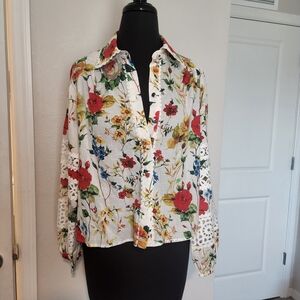 Elie Tahari Multicolor Floral Blouse with Lace